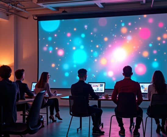 Eine lichtdurchflutete, moderne Arbeitsumgebung mit entspannten Menschen vor großen Bildschirmen, die angespannt und gleichzeitig begeistert die Welt der Streaming-Unterhaltung gestalten – ein harmonisches Zusammenspiel aus Technologie, Kreativität und zukunftsweisender Medieninnovation.