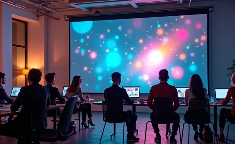 Eine lichtdurchflutete, moderne Arbeitsumgebung mit entspannten Menschen vor großen Bildschirmen, die angespannt und gleichzeitig begeistert die Welt der Streaming-Unterhaltung gestalten – ein harmonisches Zusammenspiel aus Technologie, Kreativität und zukunftsweisender Medieninnovation.