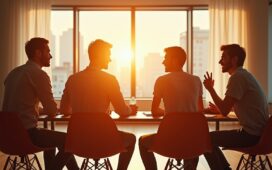 In einem hell erleuchteten modernen Büroraum symbolisiert ein freundliches Team aus bunten Kreativen bei einem lebhaften Brainstorming die inspirierende Fusion zwischen Netflix und Warner Bros., während natürliche Sonnenstrahlen durch große Fenster fallen und eine warme, optimistische Atmosphäre voller Zukunftsvision und gemeinsamer Innovation schaffen.