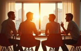 In einem hell erleuchteten modernen Büroraum symbolisiert ein freundliches Team aus bunten Kreativen bei einem lebhaften Brainstorming die inspirierende Fusion zwischen Netflix und Warner Bros., während natürliche Sonnenstrahlen durch große Fenster fallen und eine warme, optimistische Atmosphäre voller Zukunftsvision und gemeinsamer Innovation schaffen.