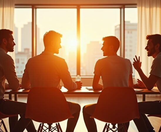 In einem hell erleuchteten modernen Büroraum symbolisiert ein freundliches Team aus bunten Kreativen bei einem lebhaften Brainstorming die inspirierende Fusion zwischen Netflix und Warner Bros., während natürliche Sonnenstrahlen durch große Fenster fallen und eine warme, optimistische Atmosphäre voller Zukunftsvision und gemeinsamer Innovation schaffen.