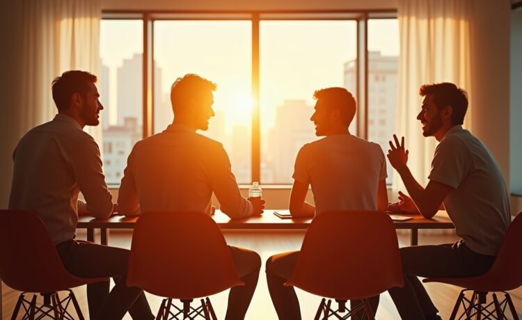 In einem hell erleuchteten modernen Büroraum symbolisiert ein freundliches Team aus bunten Kreativen bei einem lebhaften Brainstorming die inspirierende Fusion zwischen Netflix und Warner Bros., während natürliche Sonnenstrahlen durch große Fenster fallen und eine warme, optimistische Atmosphäre voller Zukunftsvision und gemeinsamer Innovation schaffen.