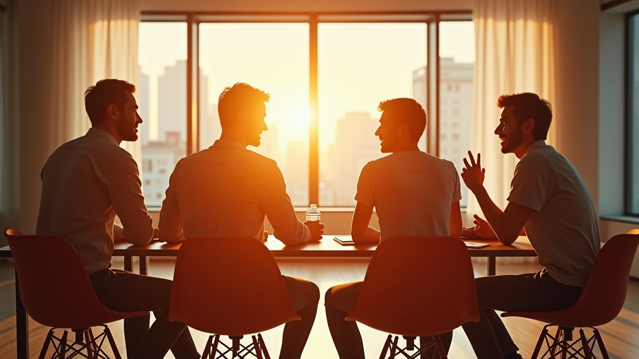 In einem hell erleuchteten modernen Büroraum symbolisiert ein freundliches Team aus bunten Kreativen bei einem lebhaften Brainstorming die inspirierende Fusion zwischen Netflix und Warner Bros., während natürliche Sonnenstrahlen durch große Fenster fallen und eine warme, optimistische Atmosphäre voller Zukunftsvision und gemeinsamer Innovation schaffen.