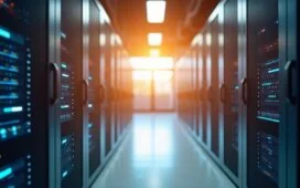 Ein strahlend helles, natürlich beleuchtetes Serverraum-Panorama mit modernen verkabelten Glasfaserbündeln und fokussierten Technikern in freundlicher Teamarbeit, das Wärme und dynamische Innovationskraft im Zentrum moderner KI-Netzinfrastruktur ausstrahlt.