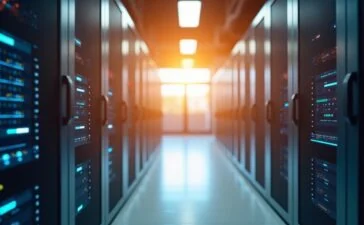 Ein strahlend helles, natürlich beleuchtetes Serverraum-Panorama mit modernen verkabelten Glasfaserbündeln und fokussierten Technikern in freundlicher Teamarbeit, das Wärme und dynamische Innovationskraft im Zentrum moderner KI-Netzinfrastruktur ausstrahlt.