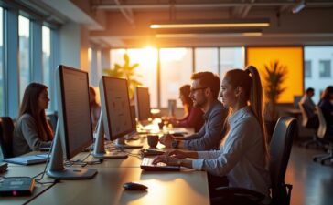 Ein lichtdurchflutetes, modernes Entwicklerbüro, in dem ein vielfältiges Team aufmerksam und mit warmem Lächeln an vernetzten Bildschirmen arbeitet, während durch große Fenster sanftes Tageslicht den Raum erfüllt und eine Atmosphäre von fortschrittlicher Zusammenarbeit und digitaler Innovation schafft.