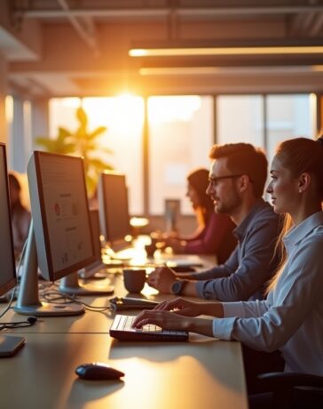 Ein lichtdurchflutetes, modernes Entwicklerbüro, in dem ein vielfältiges Team aufmerksam und mit warmem Lächeln an vernetzten Bildschirmen arbeitet, während durch große Fenster sanftes Tageslicht den Raum erfüllt und eine Atmosphäre von fortschrittlicher Zusammenarbeit und digitaler Innovation schafft.