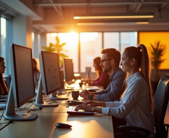 Ein lichtdurchflutetes, modernes Entwicklerbüro, in dem ein vielfältiges Team aufmerksam und mit warmem Lächeln an vernetzten Bildschirmen arbeitet, während durch große Fenster sanftes Tageslicht den Raum erfüllt und eine Atmosphäre von fortschrittlicher Zusammenarbeit und digitaler Innovation schafft.