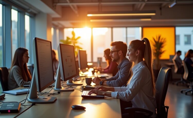Ein lichtdurchflutetes, modernes Entwicklerbüro, in dem ein vielfältiges Team aufmerksam und mit warmem Lächeln an vernetzten Bildschirmen arbeitet, während durch große Fenster sanftes Tageslicht den Raum erfüllt und eine Atmosphäre von fortschrittlicher Zusammenarbeit und digitaler Innovation schafft.