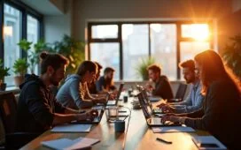 In einem lichtdurchfluteten, modernen Büro mit warmem Tageslicht arbeiten Entwickler konzentriert und kreativ an Laptops, umgeben von Skizzen und digitalen Mockups, die die Welt neuer WordPress-Blöcke symbolisieren – eine Szene voller Inspiration und technologischer Aufbruchsstimmung.