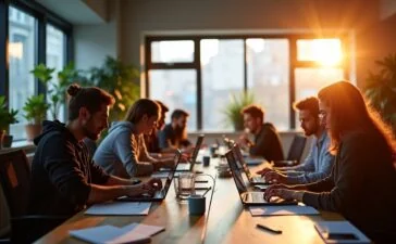 In einem lichtdurchfluteten, modernen Büro mit warmem Tageslicht arbeiten Entwickler konzentriert und kreativ an Laptops, umgeben von Skizzen und digitalen Mockups, die die Welt neuer WordPress-Blöcke symbolisieren – eine Szene voller Inspiration und technologischer Aufbruchsstimmung.