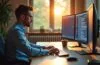 Ein strahlend helles, natürlich beleuchtetes Büro mit konzentrierter IT-Sicherheitsfachkraft vor mehreren Bildschirmen, die digitale Netzwerke und Schutzsysteme überwacht – warmes Tageslicht fällt durch große Fenster und schafft eine freundliche, vertrauensvolle Atmosphäre, die den modernen Kampf gegen Cyber-Bedrohungen symbolisiert.