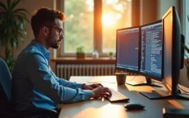 Ein strahlend helles, natürlich beleuchtetes Büro mit konzentrierter IT-Sicherheitsfachkraft vor mehreren Bildschirmen, die digitale Netzwerke und Schutzsysteme überwacht – warmes Tageslicht fällt durch große Fenster und schafft eine freundliche, vertrauensvolle Atmosphäre, die den modernen Kampf gegen Cyber-Bedrohungen symbolisiert.