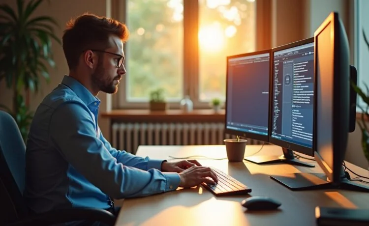 Ein strahlend helles, natürlich beleuchtetes Büro mit konzentrierter IT-Sicherheitsfachkraft vor mehreren Bildschirmen, die digitale Netzwerke und Schutzsysteme überwacht – warmes Tageslicht fällt durch große Fenster und schafft eine freundliche, vertrauensvolle Atmosphäre, die den modernen Kampf gegen Cyber-Bedrohungen symbolisiert.