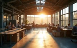 Eine helle, freundlich wirkende Fabrikhalle, in der fokussierte Fachkräfte bei natürlichem Tageslicht modernste Glasfaser- und Netzwerkkomponenten montieren, während warme Sonnenstrahlen durch große Fenster fallen und eine Atmosphäre von Innovation, Zukunft und nachhaltigem Fortschritt vermitteln.