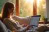 Eine sonnendurchflutete, freundliche Szene in einem modernen Wohnzimmer, in der eine entspannte Person am Laptop konzentriert einen Bildschirm mit Bankanwendungen prüft, während warmes Tageslicht sanft durch große Fenster fällt und eine beruhigende Atmosphäre von Achtsamkeit und digitaler Sicherheit vermittelt.