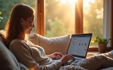 Eine sonnendurchflutete, freundliche Szene in einem modernen Wohnzimmer, in der eine entspannte Person am Laptop konzentriert einen Bildschirm mit Bankanwendungen prüft, während warmes Tageslicht sanft durch große Fenster fällt und eine beruhigende Atmosphäre von Achtsamkeit und digitaler Sicherheit vermittelt.