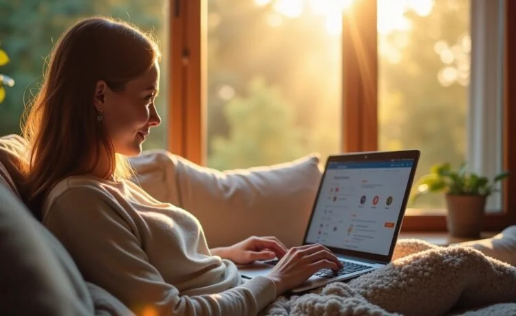 Eine sonnendurchflutete, freundliche Szene in einem modernen Wohnzimmer, in der eine entspannte Person am Laptop konzentriert einen Bildschirm mit Bankanwendungen prüft, während warmes Tageslicht sanft durch große Fenster fällt und eine beruhigende Atmosphäre von Achtsamkeit und digitaler Sicherheit vermittelt.