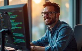 Ein modernes Büro mit einem konzentrierten IT-Administrator, der bei warmem Tageslicht vor einem Bildschirm mit wechselnden PowerShell-Codes sitzt, während sein Gesicht von einem freundlichen Lächeln und dem Gefühl verlässlicher Sicherheit erhellt wird.