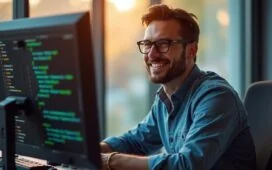 Ein modernes Büro mit einem konzentrierten IT-Administrator, der bei warmem Tageslicht vor einem Bildschirm mit wechselnden PowerShell-Codes sitzt, während sein Gesicht von einem freundlichen Lächeln und dem Gefühl verlässlicher Sicherheit erhellt wird.