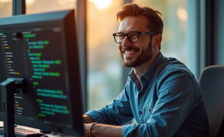 Ein modernes Büro mit einem konzentrierten IT-Administrator, der bei warmem Tageslicht vor einem Bildschirm mit wechselnden PowerShell-Codes sitzt, während sein Gesicht von einem freundlichen Lächeln und dem Gefühl verlässlicher Sicherheit erhellt wird.