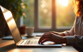 Ein heller, einladender Arbeitsplatz mit einem modernen Laptop, auf dessen Bildschirm gerade lebhaft Tastenkombinationen eingeblendet werden, während im warmen Tageslicht eine konzentrierte Person entspannt und motiviert mit der Tastatur arbeitet – Symbol für die zukunftsweisende, ergonomische Computerbedienung ganz ohne Maus.