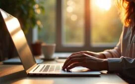 Ein heller, einladender Arbeitsplatz mit einem modernen Laptop, auf dessen Bildschirm gerade lebhaft Tastenkombinationen eingeblendet werden, während im warmen Tageslicht eine konzentrierte Person entspannt und motiviert mit der Tastatur arbeitet – Symbol für die zukunftsweisende, ergonomische Computerbedienung ganz ohne Maus.