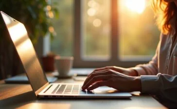 Ein heller, einladender Arbeitsplatz mit einem modernen Laptop, auf dessen Bildschirm gerade lebhaft Tastenkombinationen eingeblendet werden, während im warmen Tageslicht eine konzentrierte Person entspannt und motiviert mit der Tastatur arbeitet – Symbol für die zukunftsweisende, ergonomische Computerbedienung ganz ohne Maus.