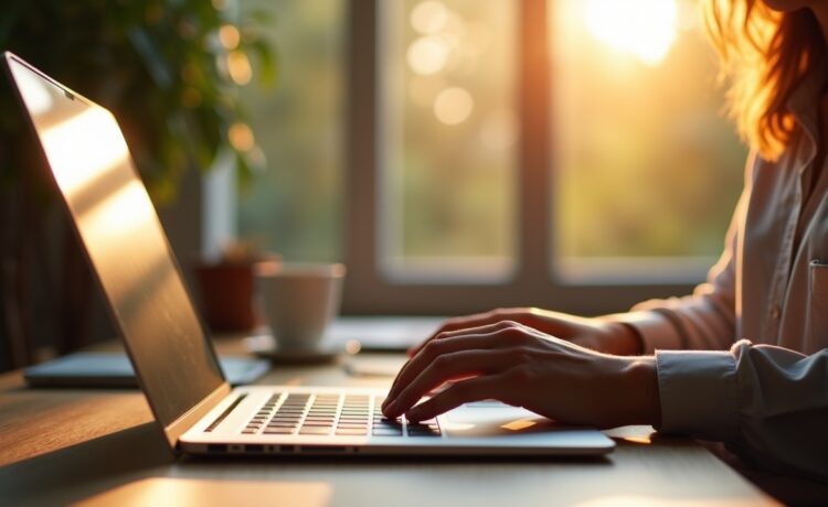 Ein heller, einladender Arbeitsplatz mit einem modernen Laptop, auf dessen Bildschirm gerade lebhaft Tastenkombinationen eingeblendet werden, während im warmen Tageslicht eine konzentrierte Person entspannt und motiviert mit der Tastatur arbeitet – Symbol für die zukunftsweisende, ergonomische Computerbedienung ganz ohne Maus.