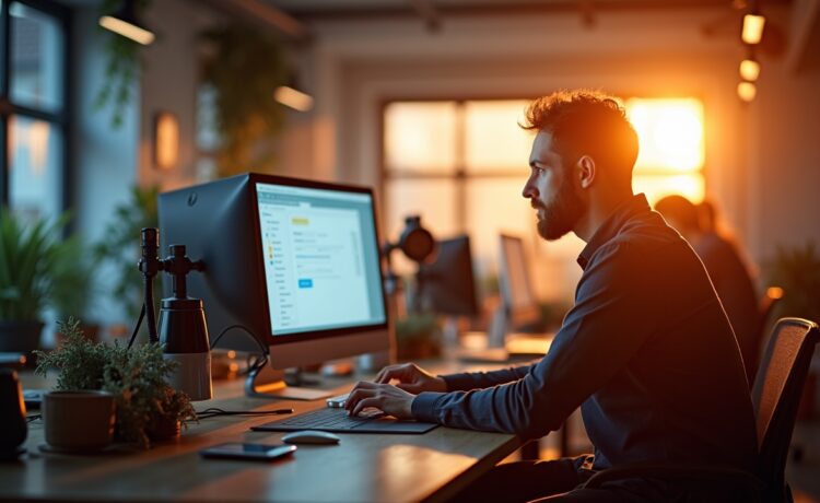 In einem hell erleuchteten, modernen Büro zeigt ein motiviertes Entwicklerteam in entspannter Atmosphäre konzentriert die neuesten Fortschritte ihres innovativen Content-Management-Systems, während warmes Tageslicht sanft auf helle Bildschirme fällt und die kreative Dynamik von Zusammenarbeit und technologischem Fortschritt lebendig werden lässt.