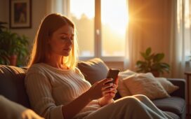 In einem hell erleuchteten, modernen Wohnzimmer hält eine entspannte junge Frau ihr Smartphone sicher in der Hand, während warmes Tageslicht durch große Fenster fällt und eine Atmosphäre von Vertrauen und digitaler Geborgenheit schafft.
