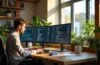 Ein heller, freundlicher Arbeitsplatz mit natürlichem Tageslicht, an dem ein junges Entwicklerteam fokussiert vor mehreren modernen Bildschirmen mit Code und Browserfenstern sitzt, umgeben von lebendigen Pflanzen und warmen Holzelementen, die eine kreative, kollaborative Atmosphäre moderner Webentwicklung und technischer Innovation ausstrahlen.