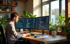 Ein heller, freundlicher Arbeitsplatz mit natürlichem Tageslicht, an dem ein junges Entwicklerteam fokussiert vor mehreren modernen Bildschirmen mit Code und Browserfenstern sitzt, umgeben von lebendigen Pflanzen und warmen Holzelementen, die eine kreative, kollaborative Atmosphäre moderner Webentwicklung und technischer Innovation ausstrahlen.