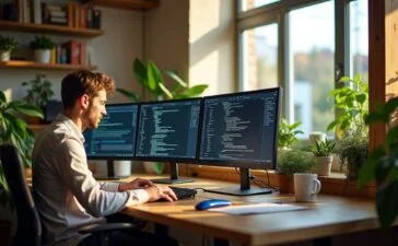 Ein heller, freundlicher Arbeitsplatz mit natürlichem Tageslicht, an dem ein junges Entwicklerteam fokussiert vor mehreren modernen Bildschirmen mit Code und Browserfenstern sitzt, umgeben von lebendigen Pflanzen und warmen Holzelementen, die eine kreative, kollaborative Atmosphäre moderner Webentwicklung und technischer Innovation ausstrahlen.