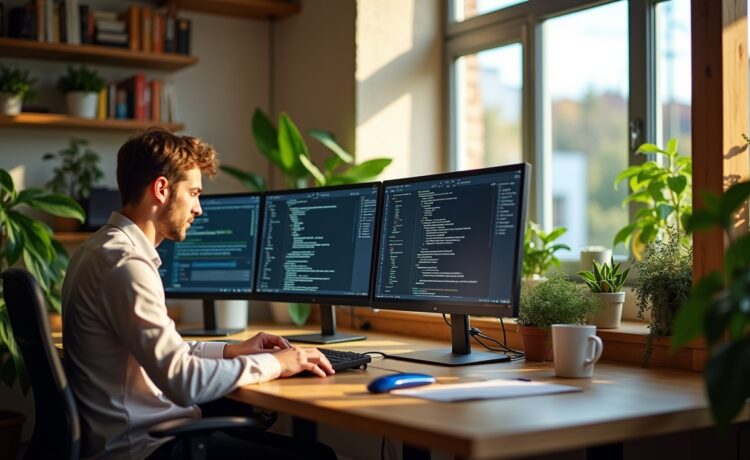 Ein heller, freundlicher Arbeitsplatz mit natürlichem Tageslicht, an dem ein junges Entwicklerteam fokussiert vor mehreren modernen Bildschirmen mit Code und Browserfenstern sitzt, umgeben von lebendigen Pflanzen und warmen Holzelementen, die eine kreative, kollaborative Atmosphäre moderner Webentwicklung und technischer Innovation ausstrahlen.