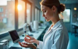 Ein strahlend hell erleuchtetes, modernes Labor mit warmem Tageslicht, in dem eine junge Frau nachdenklich ein futuristisches neurotechnologisches Implantat in der Hand hält, umgeben von subtilen High-Tech-Elementen und sanfter, vertrauensvoller Atmosphäre, die Fortschritt und ethische Verantwortung vereint.