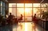 Ein hell erleuchtetes, modernes Büro mit einem einzelnen nachdenklich am Schreibtisch sitzenden Mitarbeiter vor großen Fenstern, durch die warmes Sonnenlicht fällt und die ruhige, aber melancholische Stimmung eines einst gefeierten Elektro-Lkw-Startups am Rande des Ausstands einfängt.