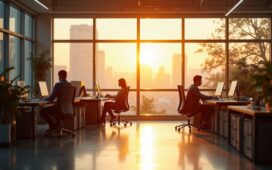 Ein hell erleuchtetes, modernes Büro mit einem einzelnen nachdenklich am Schreibtisch sitzenden Mitarbeiter vor großen Fenstern, durch die warmes Sonnenlicht fällt und die ruhige, aber melancholische Stimmung eines einst gefeierten Elektro-Lkw-Startups am Rande des Ausstands einfängt.