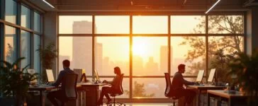 Ein hell erleuchtetes, modernes Büro mit einem einzelnen nachdenklich am Schreibtisch sitzenden Mitarbeiter vor großen Fenstern, durch die warmes Sonnenlicht fällt und die ruhige, aber melancholische Stimmung eines einst gefeierten Elektro-Lkw-Startups am Rande des Ausstands einfängt.