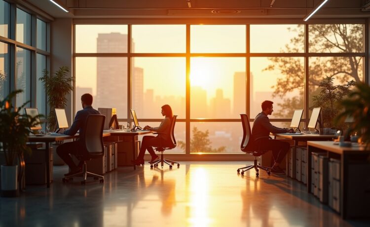 Ein hell erleuchtetes, modernes Büro mit einem einzelnen nachdenklich am Schreibtisch sitzenden Mitarbeiter vor großen Fenstern, durch die warmes Sonnenlicht fällt und die ruhige, aber melancholische Stimmung eines einst gefeierten Elektro-Lkw-Startups am Rande des Ausstands einfängt.