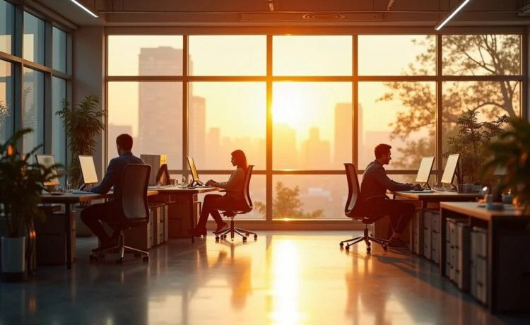 Ein hell erleuchtetes, modernes Büro mit einem einzelnen nachdenklich am Schreibtisch sitzenden Mitarbeiter vor großen Fenstern, durch die warmes Sonnenlicht fällt und die ruhige, aber melancholische Stimmung eines einst gefeierten Elektro-Lkw-Startups am Rande des Ausstands einfängt.