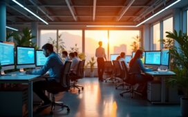 Ein hell erleuchtetes, modernes Büro mit Mitarbeitern in konzentrierter, aber entspannter Atmosphäre, die gemeinsam vor großen Bildschirmen an digitalen Sicherheitsstrategien arbeiten, umgeben von warmem Tageslicht und organischen Pflanzen, das die Bedeutung der NIS2-Cybersicherheitsrichtlinie für Unternehmen lebensnah und zugänglich vermittelt.