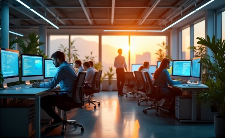 Ein hell erleuchtetes, modernes Büro mit Mitarbeitern in konzentrierter, aber entspannter Atmosphäre, die gemeinsam vor großen Bildschirmen an digitalen Sicherheitsstrategien arbeiten, umgeben von warmem Tageslicht und organischen Pflanzen, das die Bedeutung der NIS2-Cybersicherheitsrichtlinie für Unternehmen lebensnah und zugänglich vermittelt.