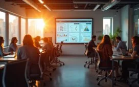 In einem hell erleuchteten, modernen Büro steht eine vielfältige Gruppe engagierter Entwickler:innen um einen großen Bildschirm versammelt, während warmes Tageslicht durch große Fenster fällt und eine Atmosphäre von Offenheit, Innovation und kollaborativem Fortschritt in der KI-Forschung schafft.