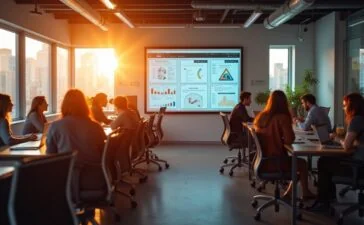 In einem hell erleuchteten, modernen Büro steht eine vielfältige Gruppe engagierter Entwickler:innen um einen großen Bildschirm versammelt, während warmes Tageslicht durch große Fenster fällt und eine Atmosphäre von Offenheit, Innovation und kollaborativem Fortschritt in der KI-Forschung schafft.