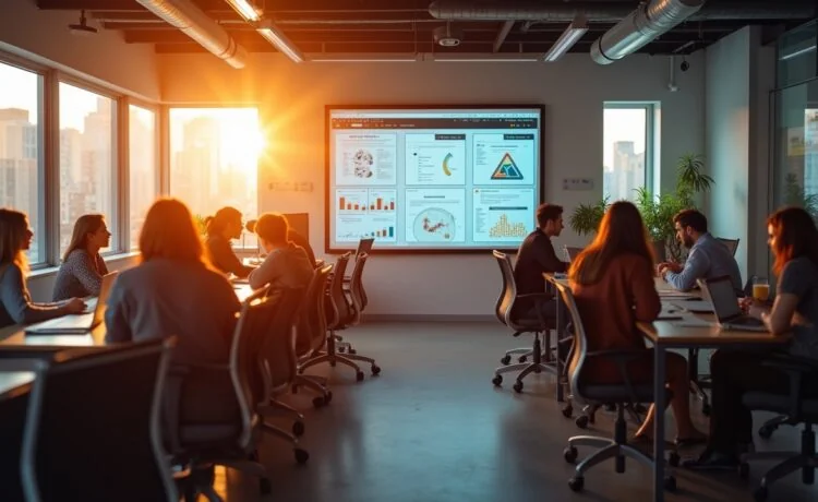 In einem hell erleuchteten, modernen Büro steht eine vielfältige Gruppe engagierter Entwickler:innen um einen großen Bildschirm versammelt, während warmes Tageslicht durch große Fenster fällt und eine Atmosphäre von Offenheit, Innovation und kollaborativem Fortschritt in der KI-Forschung schafft.