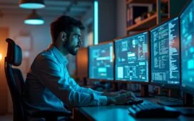 Ein hell erleuchtetes, modernes Hightech-Labor mit einem konzentrierten Ingenieur, der vor mehreren leuchtenden GPU-Chips und Computerbildschirmen arbeitet, warmes Sonnenlicht flutet den Raum und vermittelt eine einladende Atmosphäre voller Optimismus und technologischer Zukunftskraft.