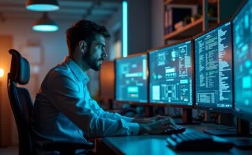 Ein hell erleuchtetes, modernes Hightech-Labor mit einem konzentrierten Ingenieur, der vor mehreren leuchtenden GPU-Chips und Computerbildschirmen arbeitet, warmes Sonnenlicht flutet den Raum und vermittelt eine einladende Atmosphäre voller Optimismus und technologischer Zukunftskraft.