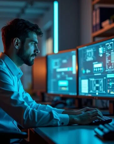 Ein hell erleuchtetes, modernes Hightech-Labor mit einem konzentrierten Ingenieur, der vor mehreren leuchtenden GPU-Chips und Computerbildschirmen arbeitet, warmes Sonnenlicht flutet den Raum und vermittelt eine einladende Atmosphäre voller Optimismus und technologischer Zukunftskraft.