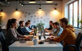 In einem hell erleuchteten, modernen Büro mit warmem Tageslicht sitzen motivierte Entwickler:innen unterschiedlichen Alters konzentriert vor ihren Bildschirmen, umgeben von moderner Technik und kreativen Skizzen an der Wand, während eine freundliche Atmosphäre von Zusammenarbeit und Innovation die Szene erfüllt.